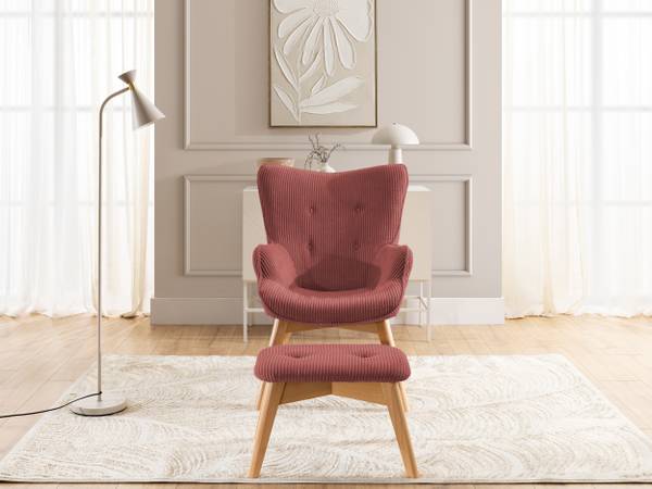 Loungefauteuil met hocker Lenari robijnrood - beukenhouten look