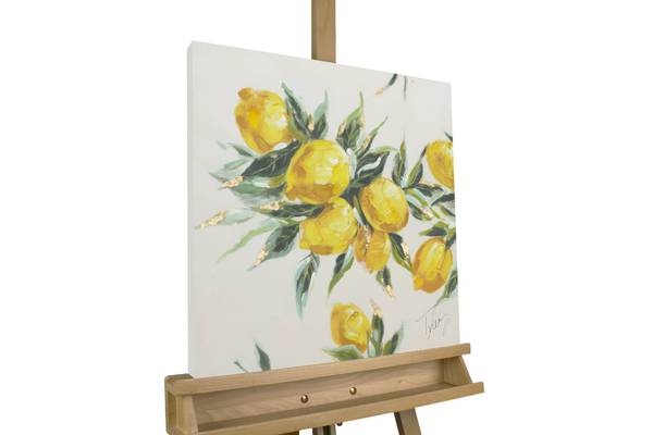 Tableau peint à la main Branche Citron Jaune - Coton - 50 x 50 x 4 cm