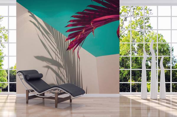Fotobehang Palmbladschaduwen beige - roze - violet - turquoise - wit - vinyl - 350 x 255 x 1 cm