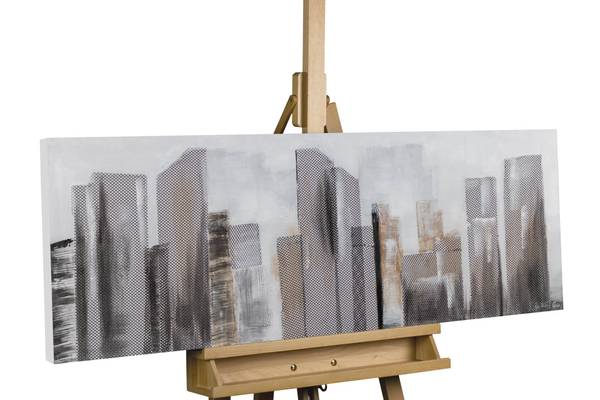 Tableau peint à la main Espace Skyline Gris - Coton - 120 x 40 x 4 cm