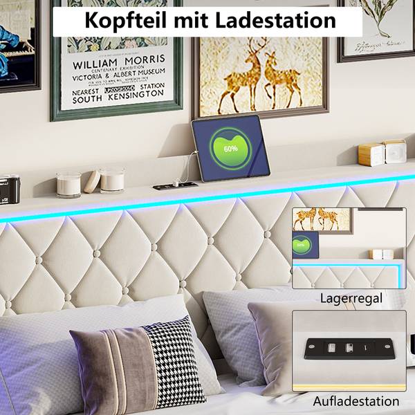 Polsterbett Boxspringbett MOKP Beige - Metall - Massivholz - 165 x 108 x 209 cm