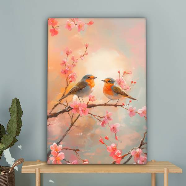 LEINWANDBILD Rotkehlchen Pink - Baumwollstoff - 60 x 90 x 2 cm