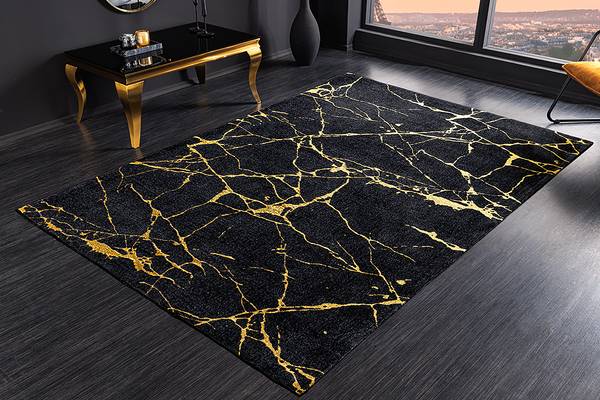 Teppich MARBLE Schwarz - Gold - Flachgewebe - Polyester - Wolle - Marmor - 240 x 1 x 160 cm