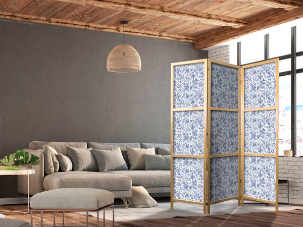Paravent Büsche Blumen 3-tlg Blau - Weiß - Holzwerkstoff - Textil - 135 x 172 x 3 cm