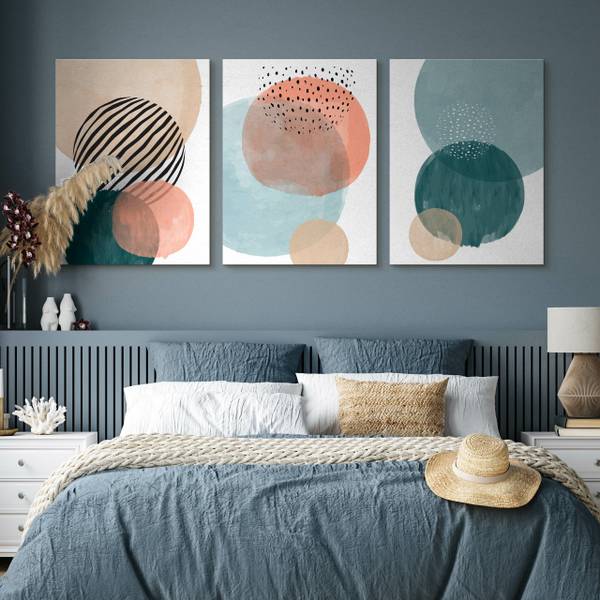 Leinwandbilder KREISE Boho 3-er Set Schwarz - Blau - Grün - Silber - Türkis - Weiß - Leinen - 90 x 40 x 40 cm