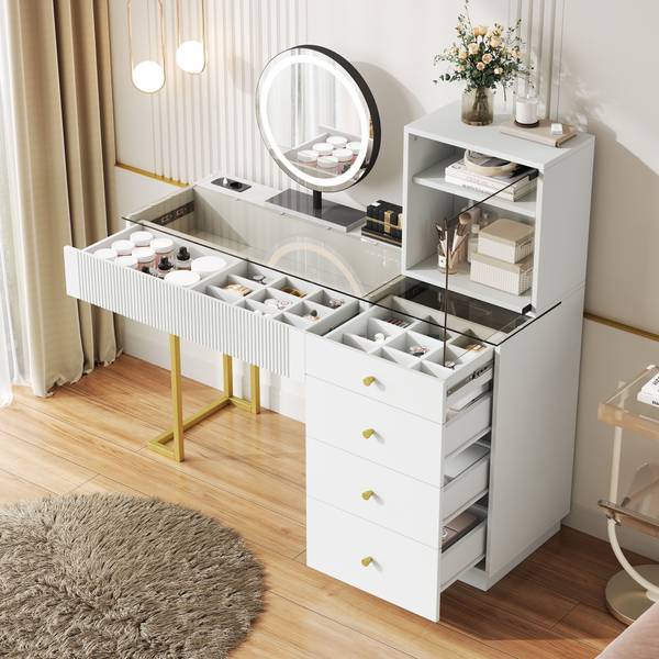 Kaptafel met spiegel GlassGLOW wit - plaatmateriaal op houtbasis - 40 x 120 x 120 cm