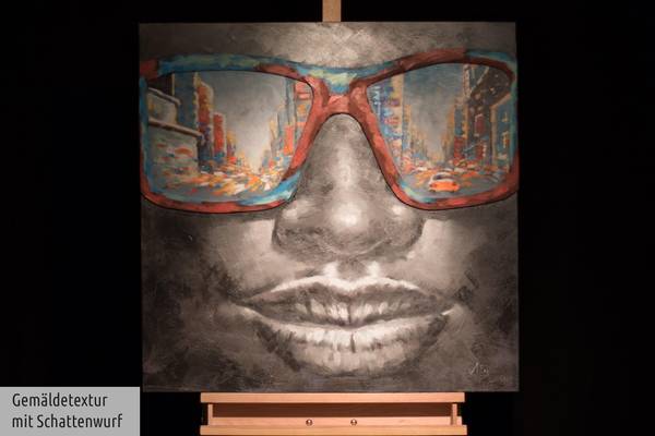 Acrylbild Handgemalt Gesicht Zil Grau - Baumwollstoff - 80 x 80 x 4 cm