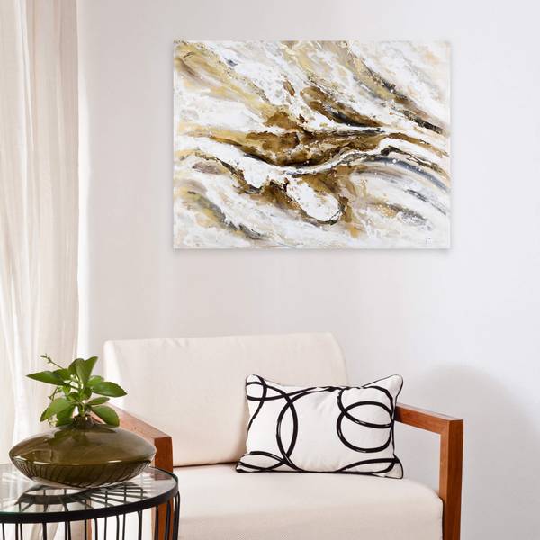 Acrylbild Handgemalt Nonfigurativ Zip Braun - Weiß - Baumwollstoff - 100 x 75 x 4 cm