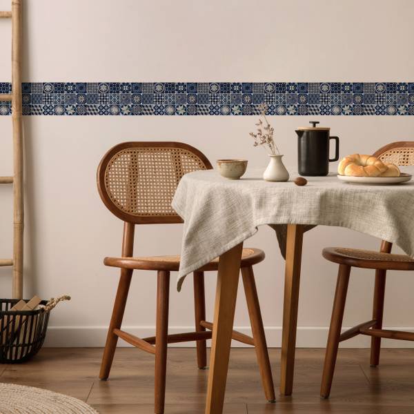 Behangrand Portugese MOZAIEK Oranementen beige - zwart - blauw - vlies - 10 x 300 x 300 cm