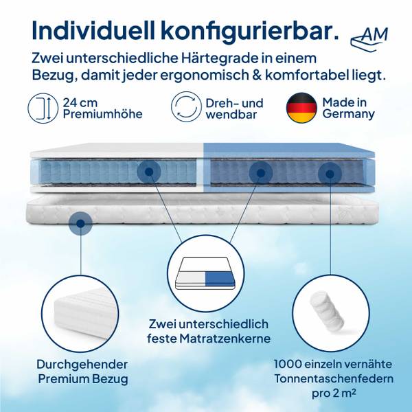 Partnermatratze Premium 1000 Federn 200 x 140 cm - H2 / H3