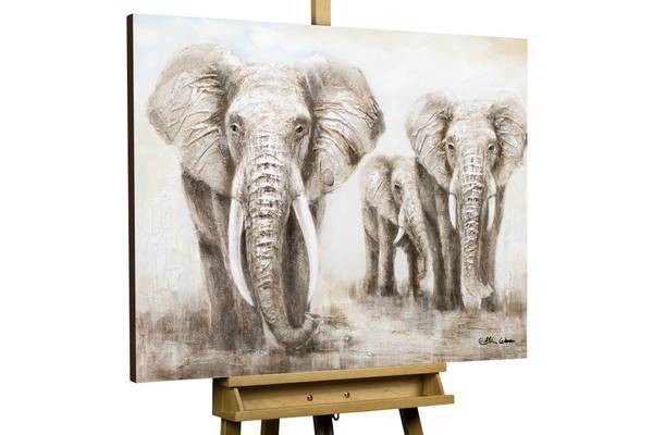 Acrylbild Handgemalt Elefant Zam Grau - Baumwollstoff - 100 x 75 x 4 cm