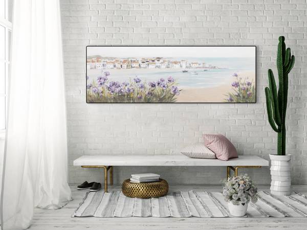 Tableau peint à la main Fleur Côtière Bleu - Coton - 150 x 50 x 4 cm