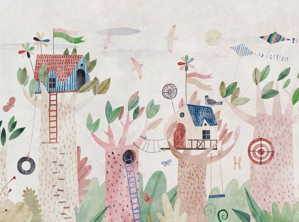 Kinderzimmer Waldtapete Beige - Blau - Braun - Grün - Fleece - 371 x 280 x 1 cm