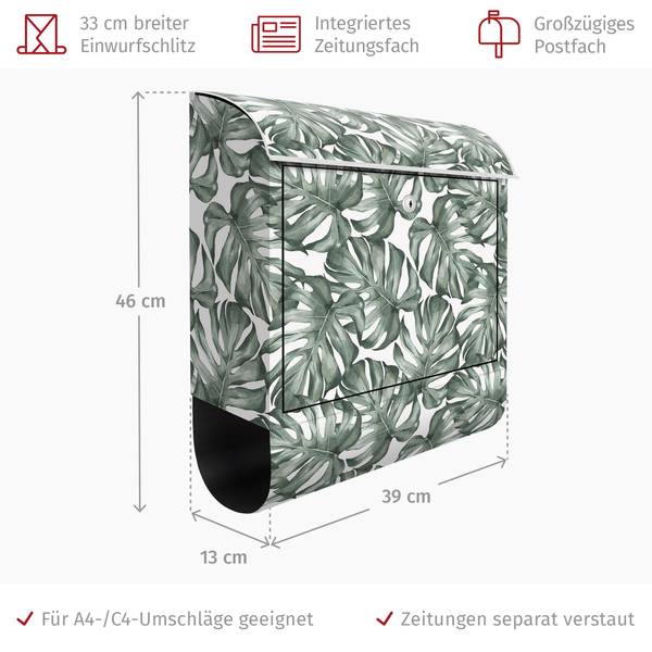 Briefkasten Aquarell Monstera Blätter II Grün - Stahl - 39 x 46 x 13 cm