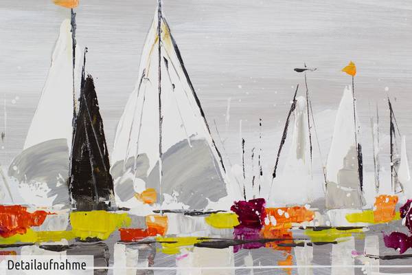 Tableau peint à la main Flotte Voiliers Gris - Coton - 150 x 50 x 4 cm