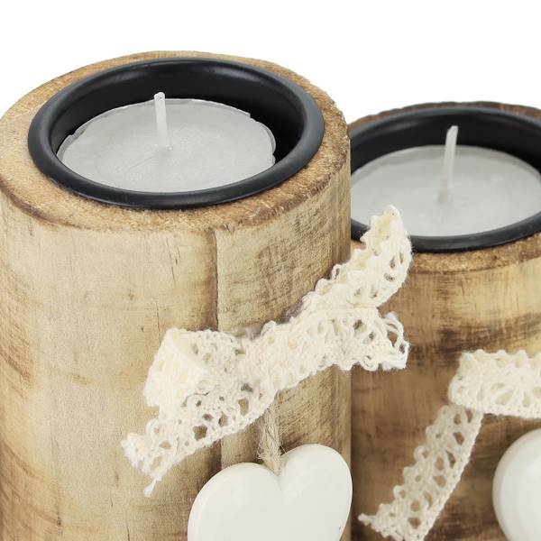 3 Herz Teelichthalter mit Tablett Braun - Weiß - Holzwerkstoff - Stein - 34 x 13 x 13 cm