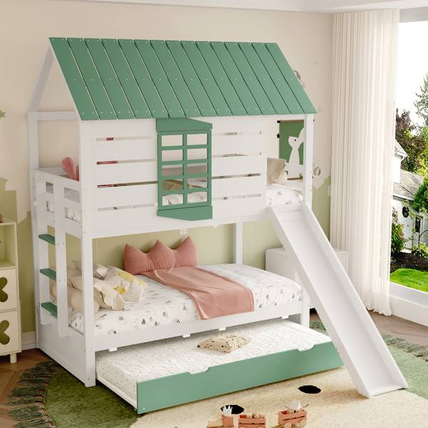 Lit superposé maison Uranus Ⅱ Vert - Blanc - Pin - 237 x 229 x 206 cm