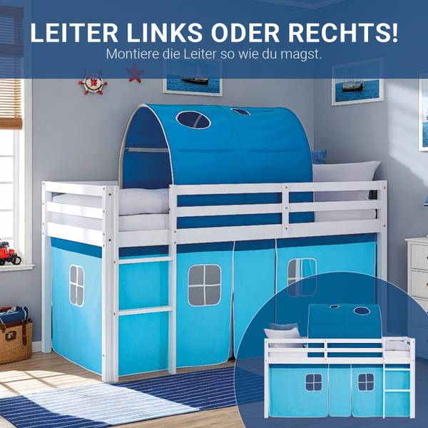 Lit mezzanine avec rideau et tunnel 2997 Avec sommier à lattes & matelas - Avec rideau - Avec échelle - Avec tunnel