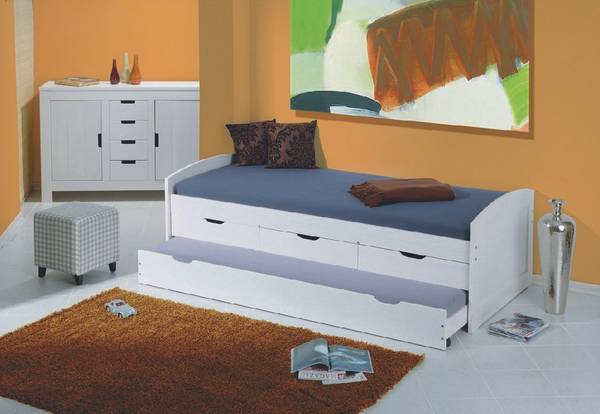 Einzelbett mit unterem Ausziehbett und Weiß - Massivholz - 195 x 63 x 98 cm