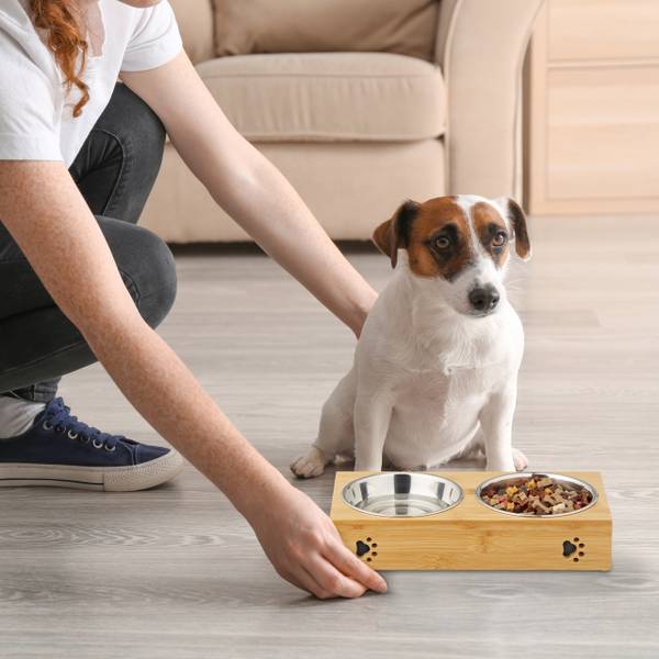Doppelte Futterbar für Hunde Braun - Silber - Edelstahl - 32 x 7 x 15 cm