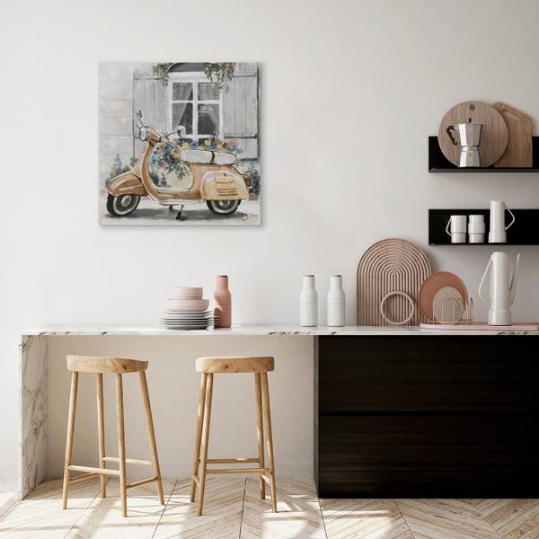 Tableau peint à la main Scooter Rétro Gris - Coton - 60 x 60 x 4 cm