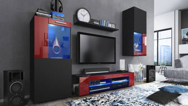 Wohnwand Movie 4tlg. mit LED LED Blau Schwarz - Hochglanz Bordeaux