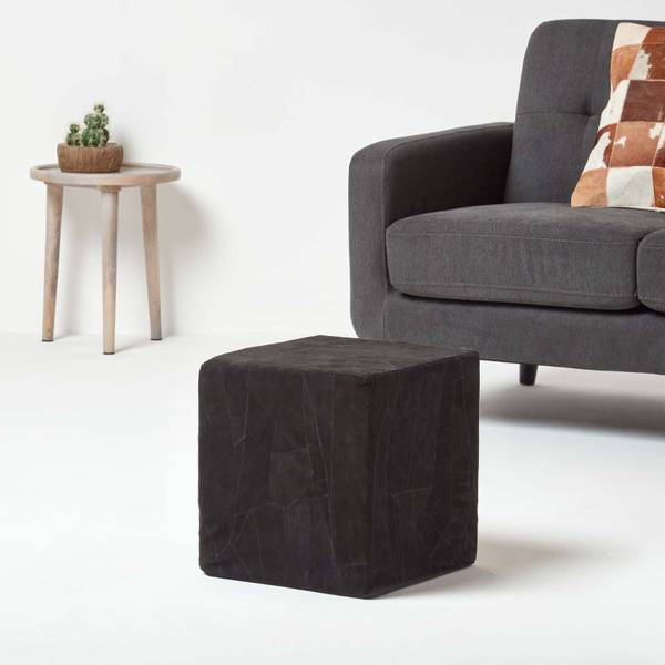 Designer Hocker Ottoman Velours Schwarz - Baumwollstoff - 36 x 38 x 36 cm