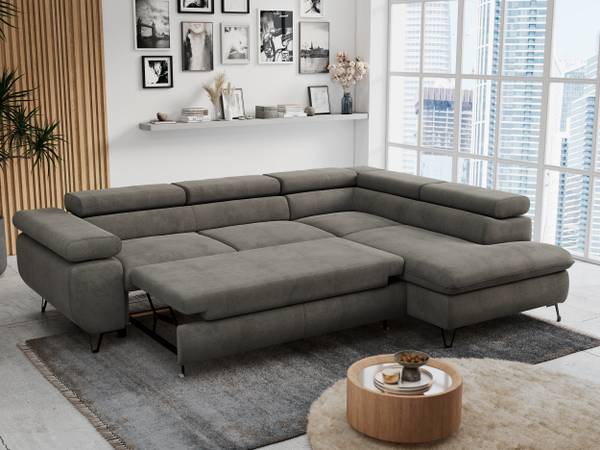 Ecksofa PETER L Grau - Ecke davorstehend rechts - Ottomane davorstehend rechts - Schlaffunktion davorstehend rechts