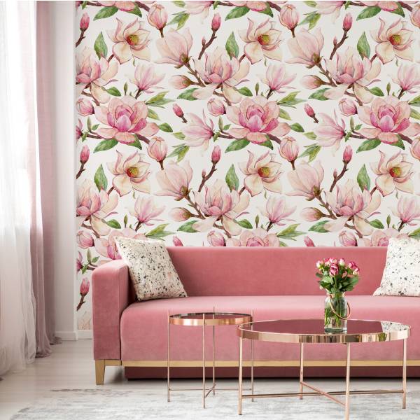 Tapete Blumen MAGNOLIEN Knospen Aquarell Braun - Grün - Pink - Weiß - Fleece - 53 x 1000 x 1000 cm