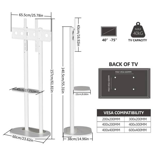 Support TV Solivis Blanc - Métal - 38 x 157 x 60 cm