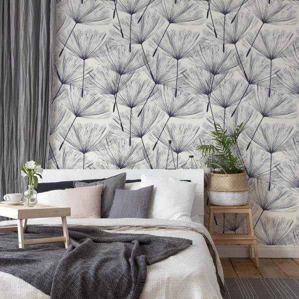 Behang Paardebloemzaden Bloemen Natuur beige - zwart - blauw - papier - 53 x 1000 x 1000 cm