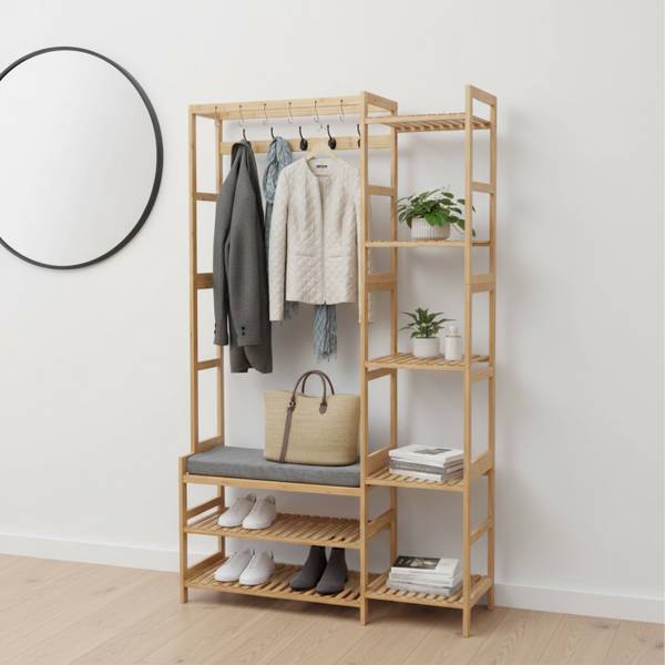 Garderobenständer mit Sitzbank & Haken Schwarz - Braun - Grau - Polyester - 104 x 175 x 30 cm