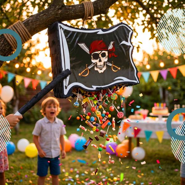 Pinata drapeau pirate avec bâton&masque Noir - Rouge - Blanc - Papier - Matière plastique - 40 x 35 x 8 cm