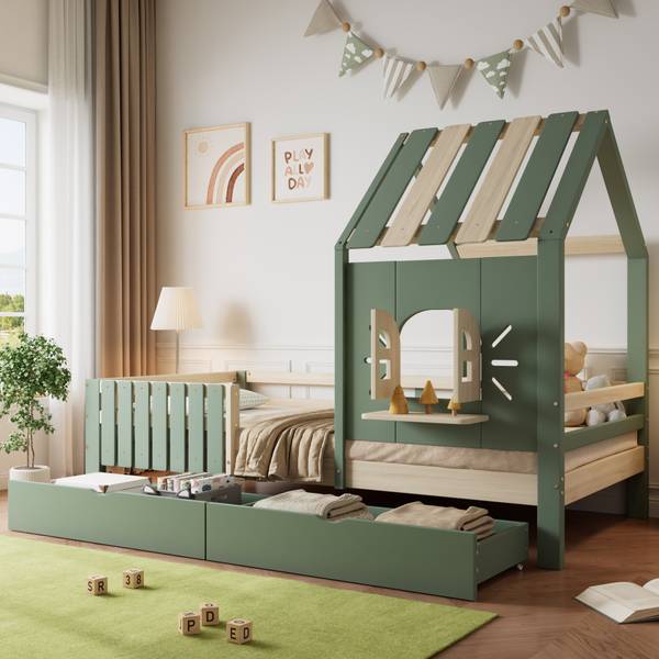 Hausbett Oneiros Ⅲ Grün - Holzwerkstoff - Massivholz - 95 x 152 x 204 cm