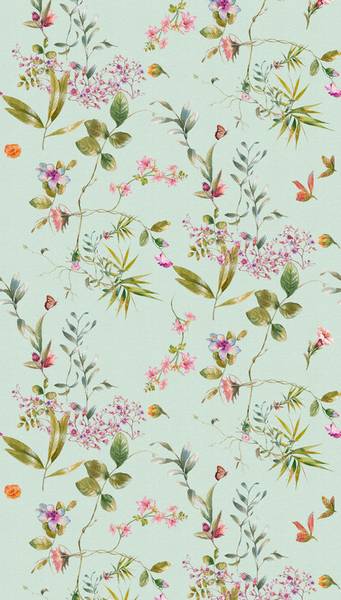 Florale Landhaus Fototapete Blau - Grün - Orange - Pink - Fleece - 159 x 280 x 1 cm