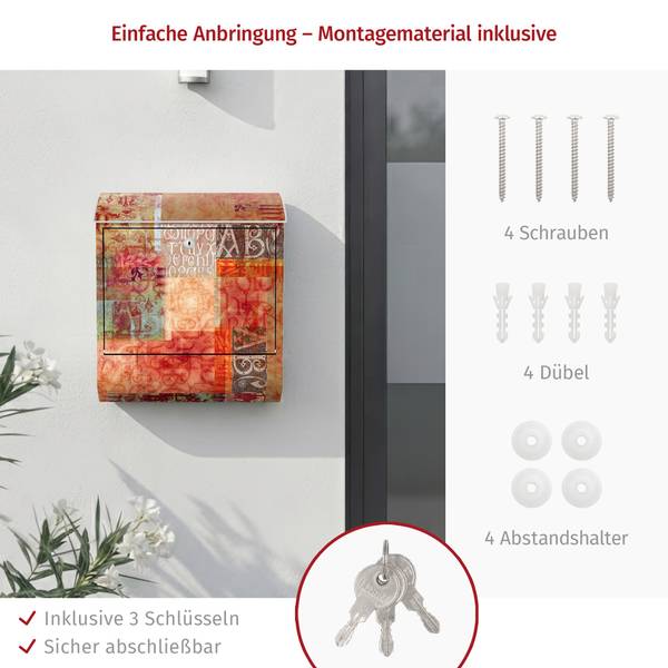 Briefkasten Schriftmuster Rot - Stahl - 39 x 46 x 13 cm