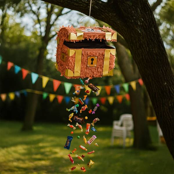 Pinata Set Schatztruhe mit Stab & Maske Braun - Gold - Weiß - Papier - Kunststoff - 30 x 27 x 23 cm