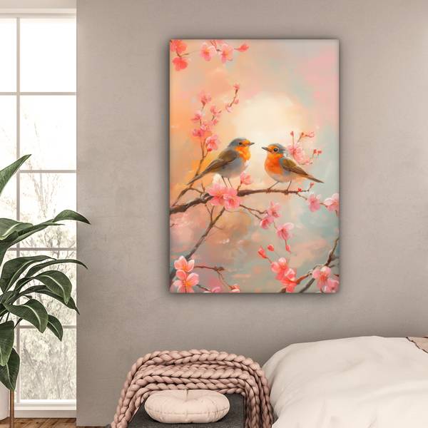 LEINWANDBILD Rotkehlchen Pink - Baumwollstoff - 80 x 120 x 2 cm