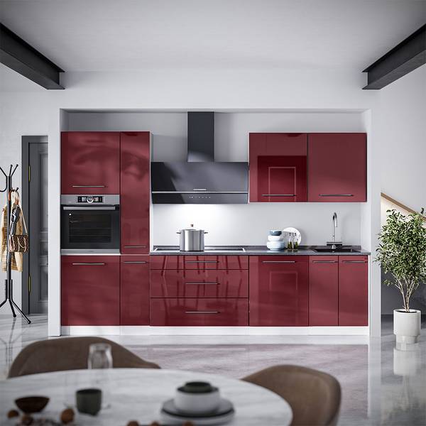 Küchenzeile Fame-Line 64338 Hochglanz Bordeaux - Reinweiß