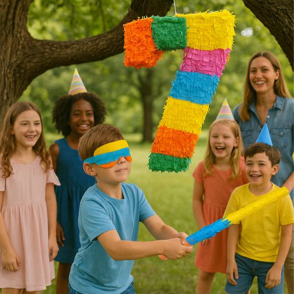 Pinata Zahl mit Stab und Maske Blau - Hellrosa - Orange