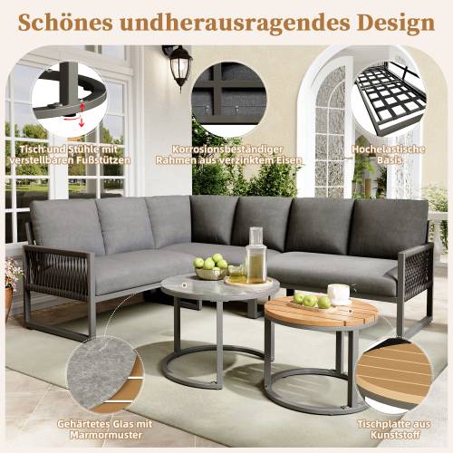 Gartenmöbel-Set MetaRopeNatur 5-teilig Grau - Holzwerkstoff - Glas - Metall - Kunststoff - Textil - 233 x 86 x 178 cm
