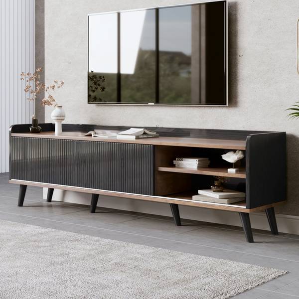 TV-lowboard met Schuifdeuren Eos I zwart - bruin - staal - 40 x 58 x 160 cm