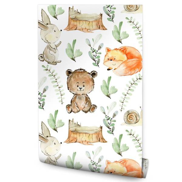 Tapete Waldtiere Pflanzen Natur Beige - Schwarz - Braun - Grau - Grün - Orange - Weiß - Papier - 53 x 1000 x 1000 cm