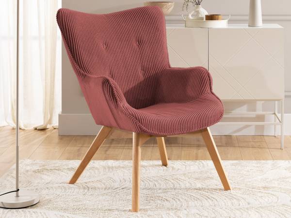 Loungefauteuil met hocker Lenari robijnrood - beukenhouten look