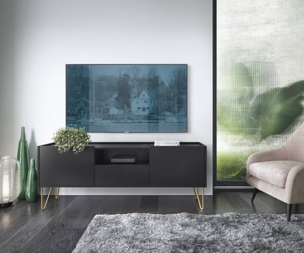 Meuble TV HARMONY RTV 144 Noir - Doré - ABS - Mélamine - 144 x 55 x 37 cm