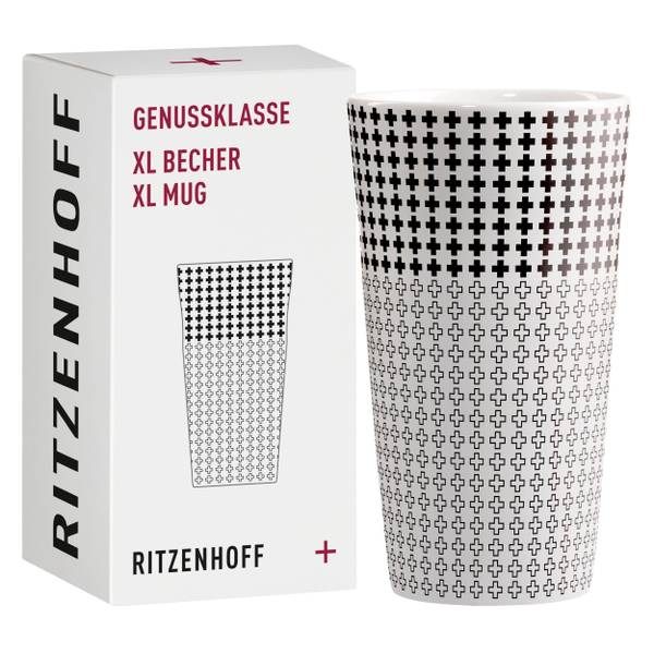 Kaffeebecher XL Genussklasse Schwarz - Weiß - Porzellan - 9 x 16 x 9 cm