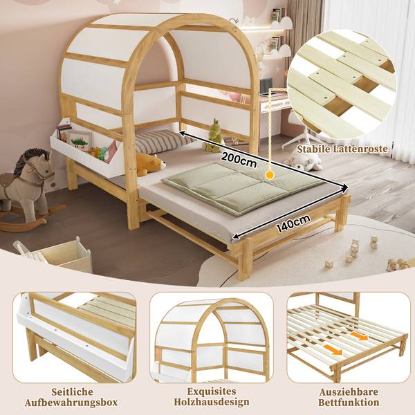 Kinderbett Daisy Braun - Weiß - Kiefer - 162 x 177 x 207 cm