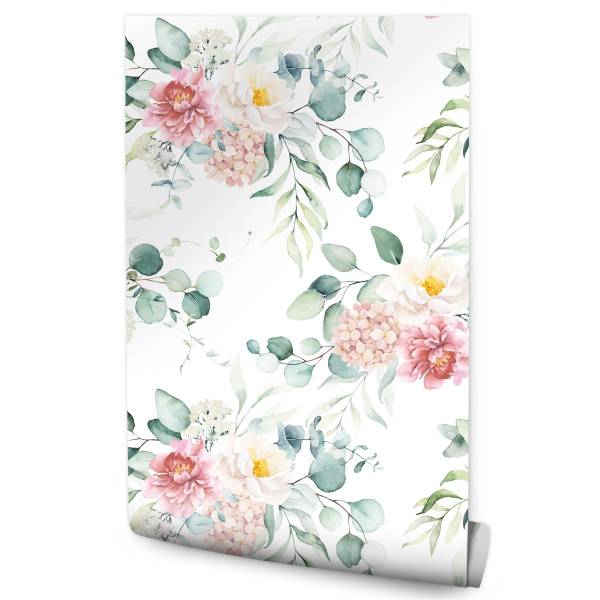 Papier Peint FLEURS Feuilles Eucalyptus Beige - Vert - Rose foncé - Blanc - Polaire - 53 x 1000 x 1000 cm