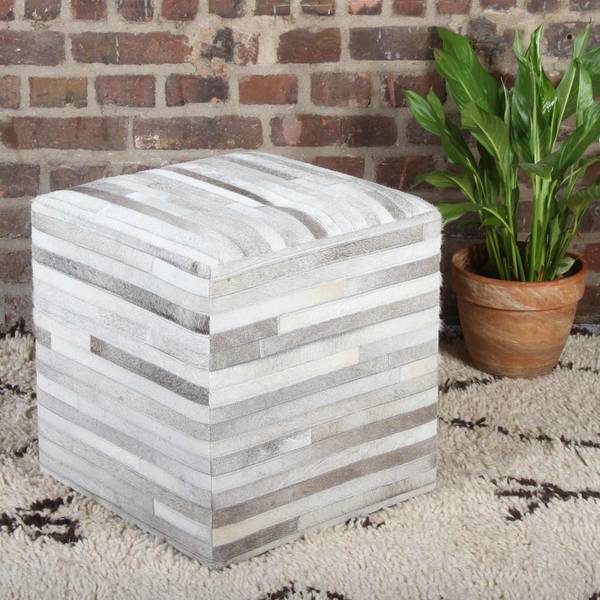 Patchwork Fellhocker Liem Weiß - Holzwerkstoff - Echtfell - 45 x 48 x 45 cm