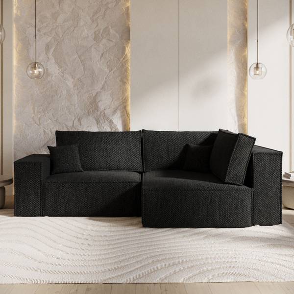 Ecksofa AVION mit Schlaffunktion Schwarz - Armlehne beidseitig montierbar - Ecke davorstehend rechts - Ottomane davorstehend rechts